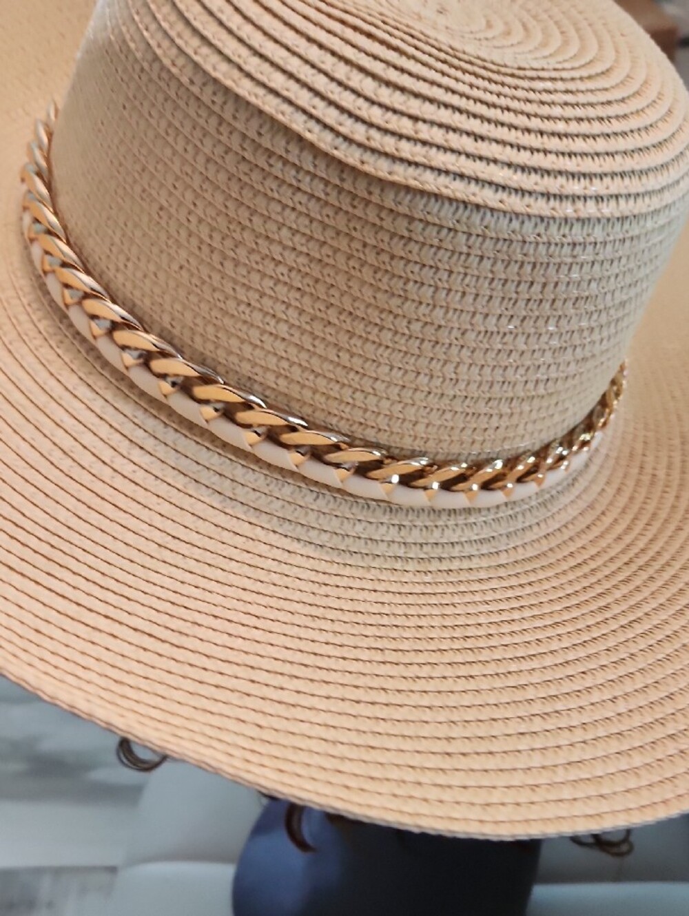 Straw Sun Hat with Gold Chain Link Band. Beige - Picture 3 of 9